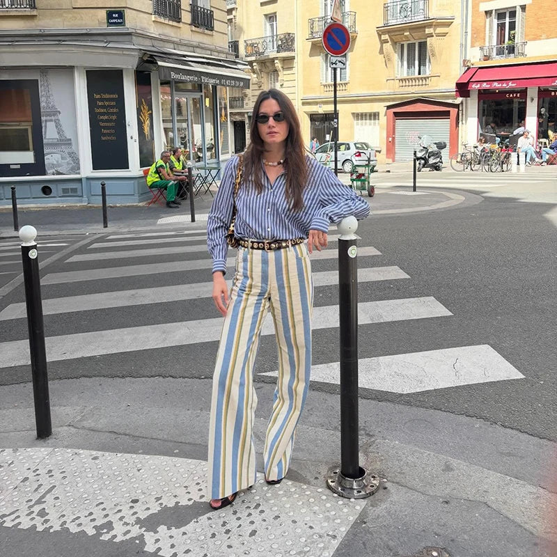Casual Stripe Contrast Women's Pants Loose Zipper Button Pocket Wide Leg Female Pant 2026 Spring Summer Lady All-match Trousers