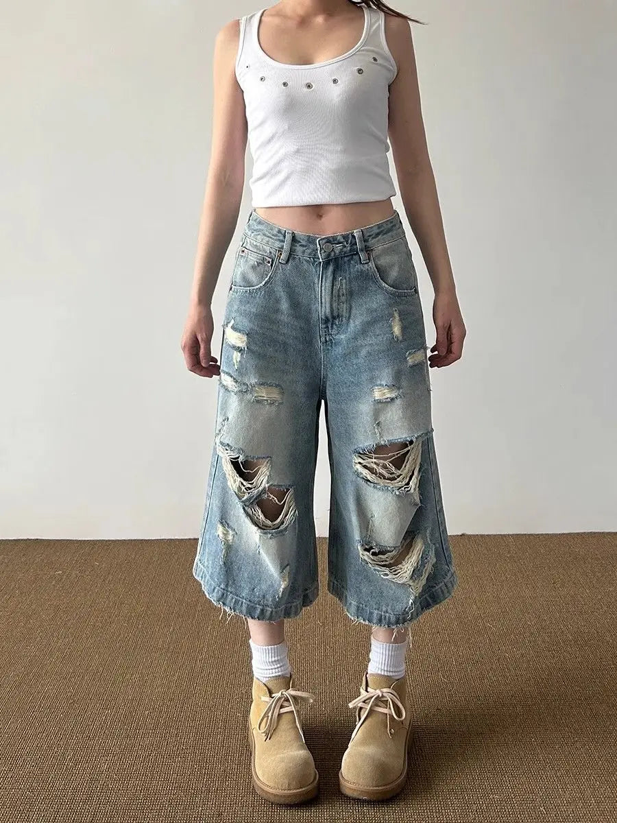 Vintage High Street Ripped Denim Seven-point Jeans Women's Summer Loose Drape Straight Wide-leg Pants