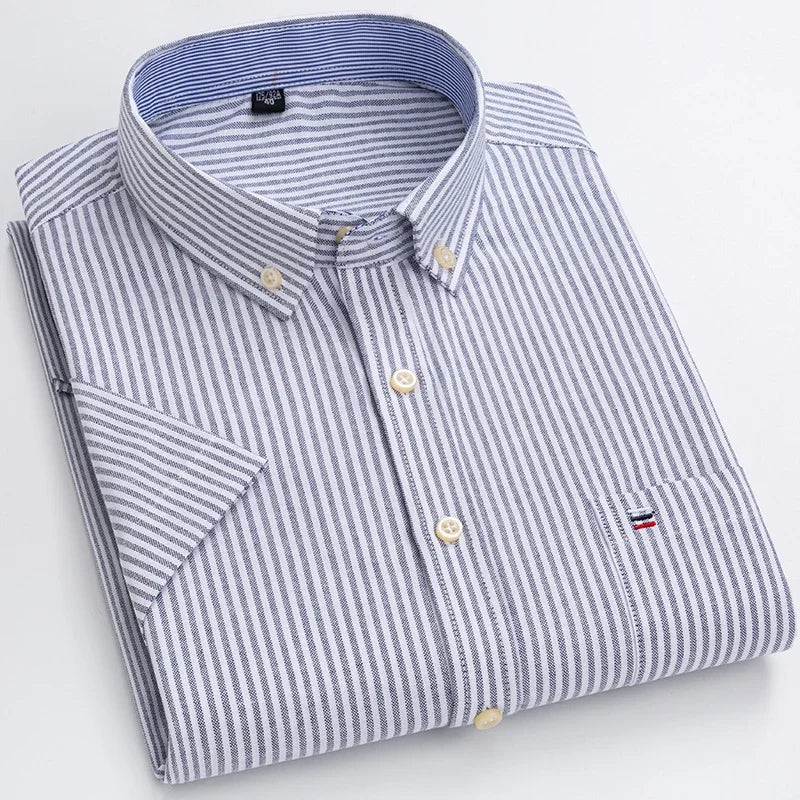 2025 100% Pure Cotton Men's Oxford Short Sleeve Square Collar Soild Plaid Striped Summer Casual Shirts Single Pocket  Shirt