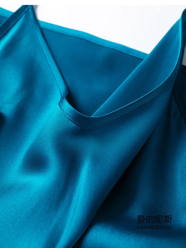 Tcyeek Woman Long Dress, 100%Real Silk, V Neck, Solid Spaghetti Strap Dresses, 2025 Elegant Chic Clothes
