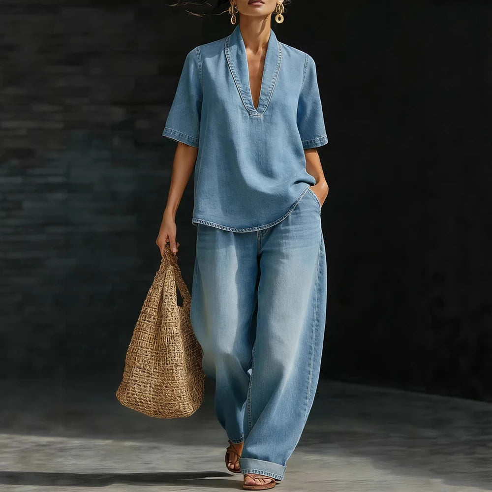 Women Denim Two Piece Set V Neck Half Sleeve Top T-Shirt Loose Wide Leg Pants Casual Outfit Streetwear Fashion Summer Suit Sets