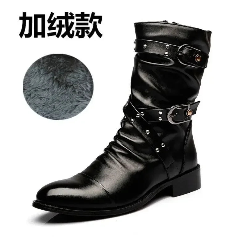Men's Leather High Quality Mid Tube Boots Fashion Classic Autumn Winter Black Punk Rock Shoes Casual Men