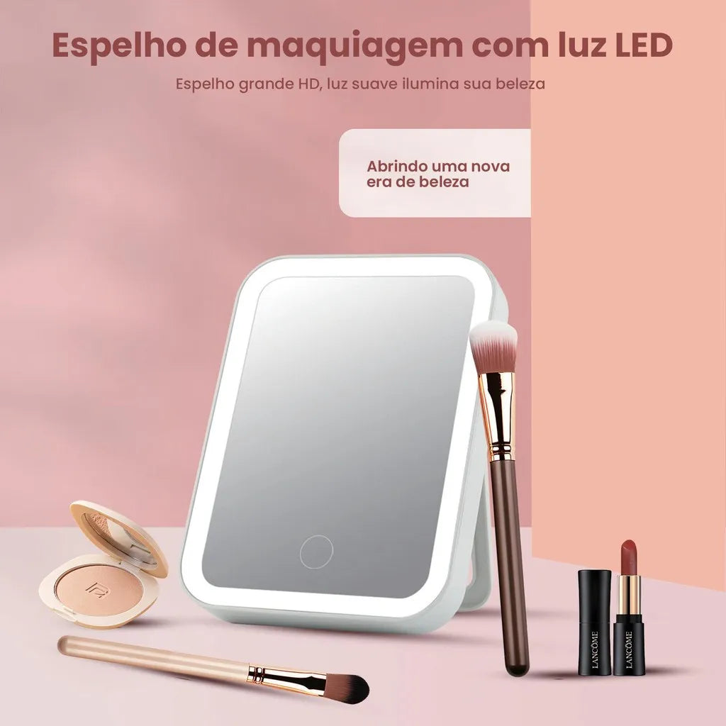 Espelho LED 3 Camadas Com Luz Natural Para Viagem Iluminação Regulável Por Toque E Recarregável Via USB
