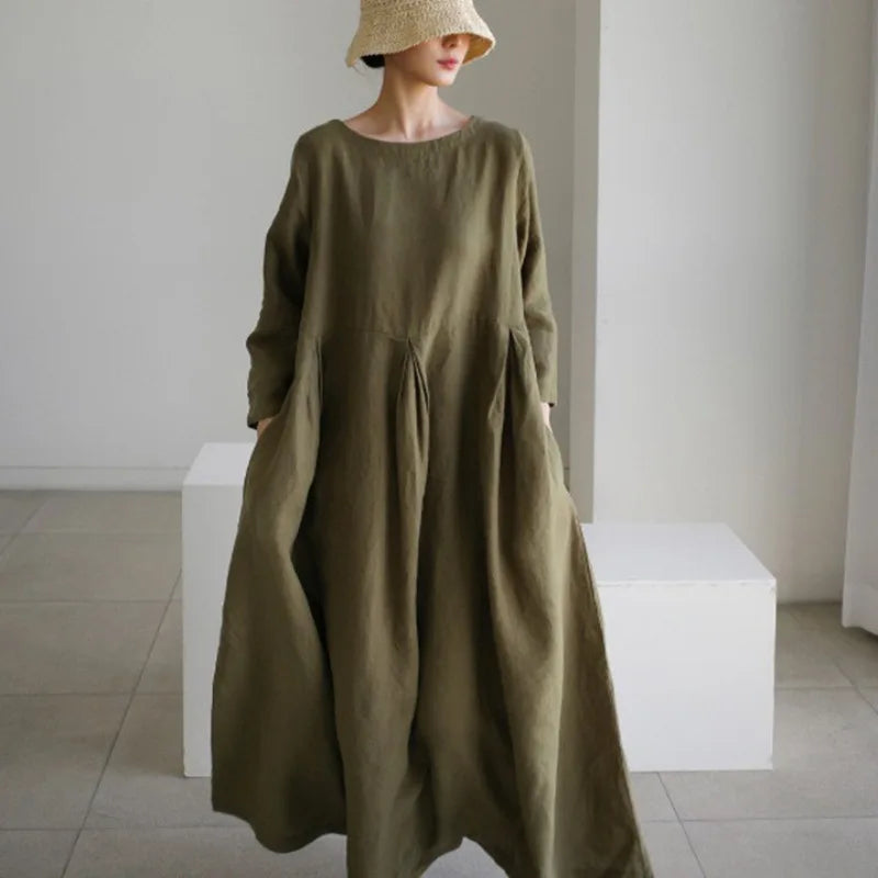 Oversized Loose Cotton Linen Dress Summer O-Neck Short Sleeve Pocket Harajuku Midi Party Dresses JYFS-0654