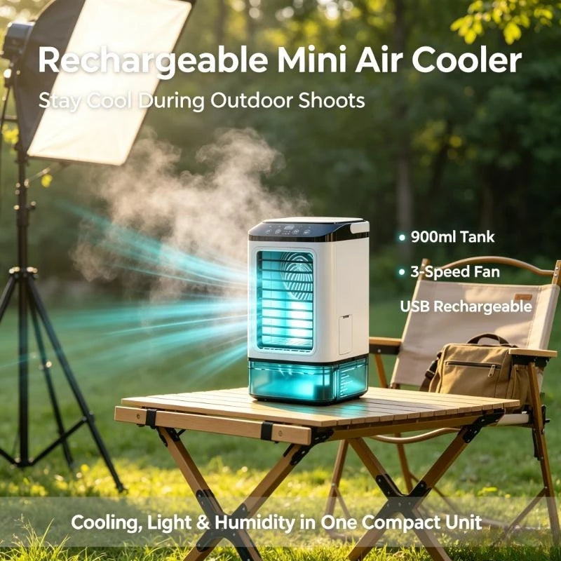 Portable Evaporative Rechargeable Mini Air Cooler 900ml Tank 3‑Speed Desktop Fan 7‑Color Night Light Humidifier Dorm Travel