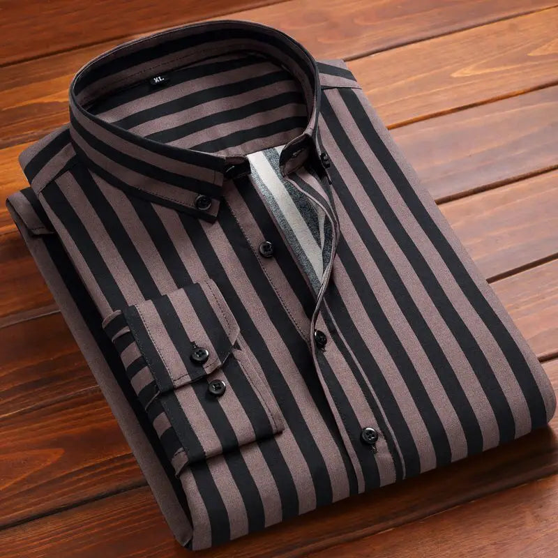 2024 Spring and Autumn Fashion Trend Casual Business Minimalist Buckle Neck Stripe Print Slim Fit Oversize Long Sleeved Shirt