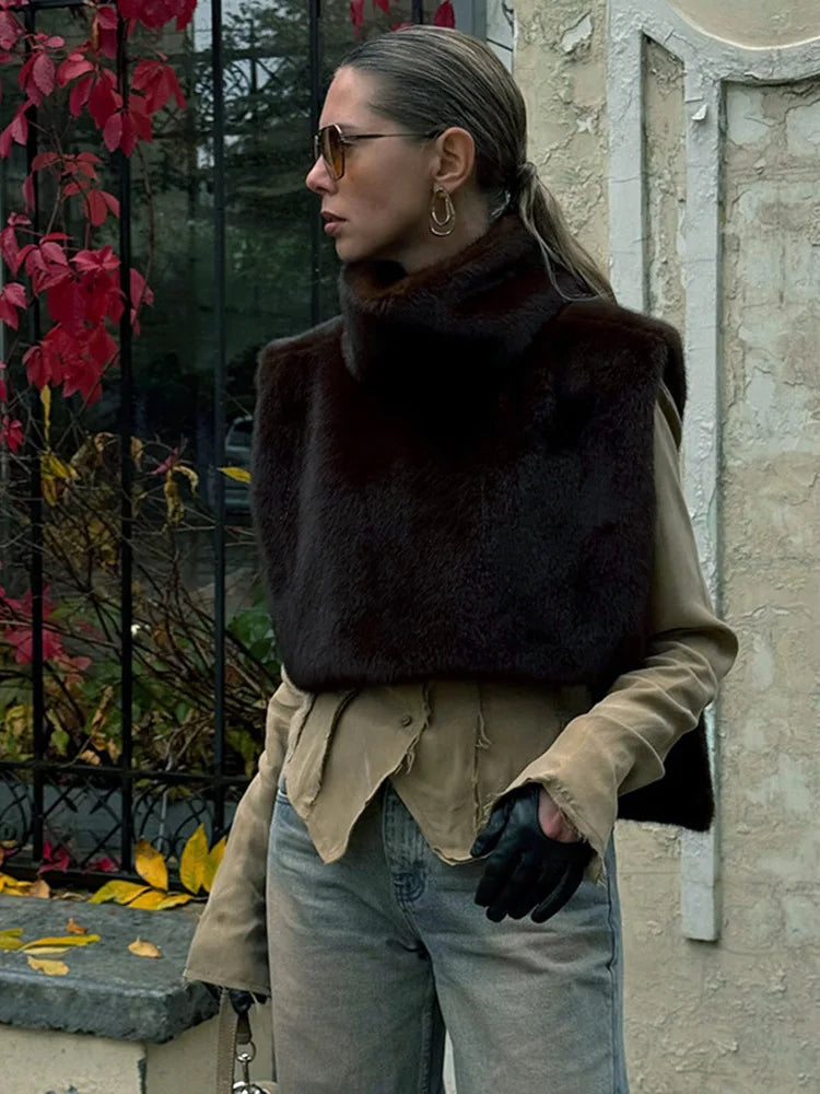 Solid Color Half Turtleneck Furry Sleeveless Top Patchwork Short Section Pullover Top 2025 Fall Woman'S Clothing Street