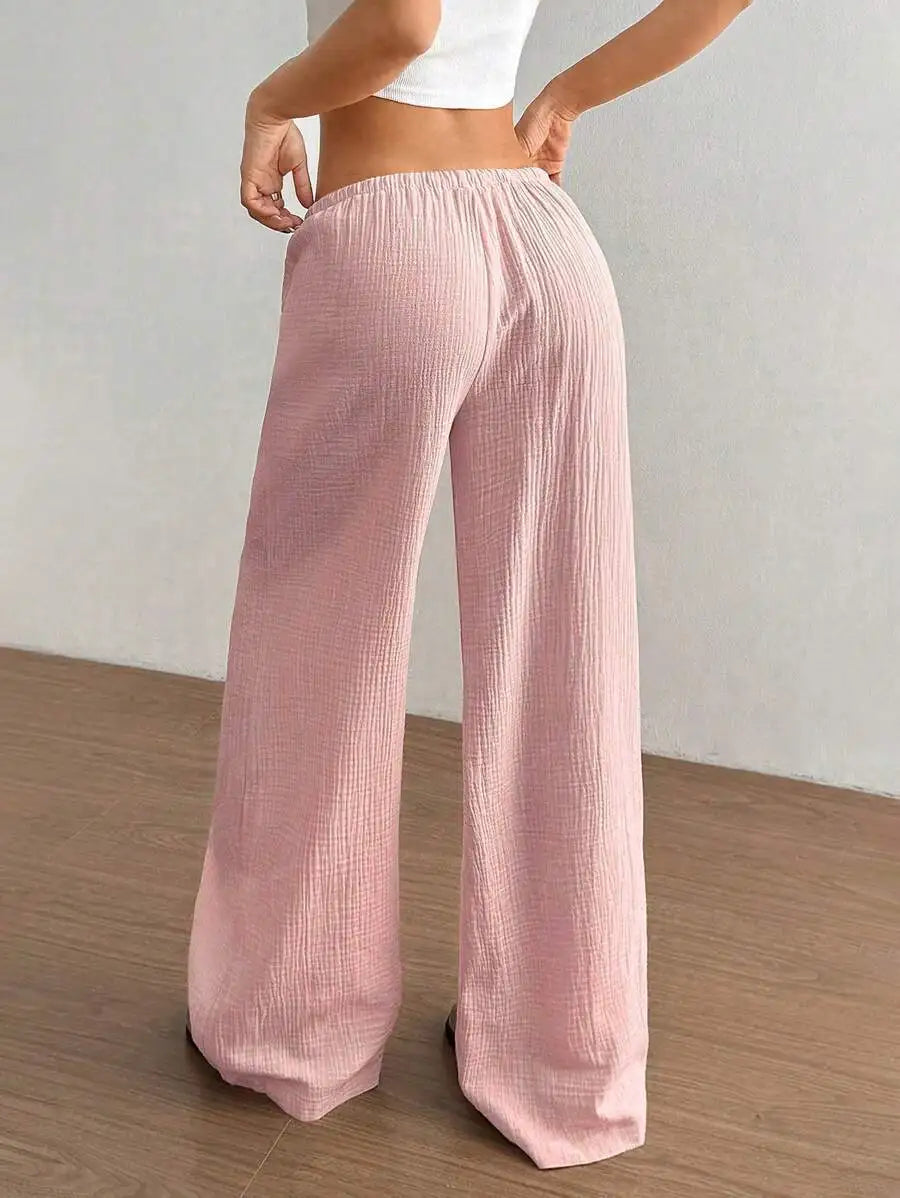 Women's Elegant Versatile Elastic Waist Comfortable Casual Pant Slightly Elastic Simple Solid Color High Waist Wide-leg Pants