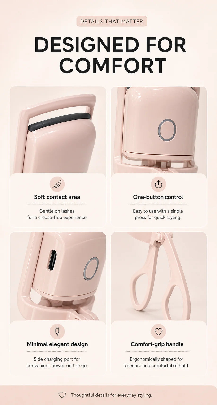 Electric Lash Curler for Women USB Rechargeable Heated Eyelash Styling Device Portable Beauty Tool for Eye Makeup