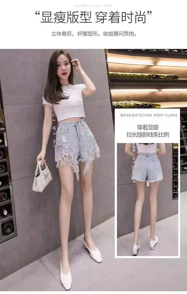 Summer New Style Personalized Denim Shorts for Women Internet Celebrity High Waist Diamond Sequins