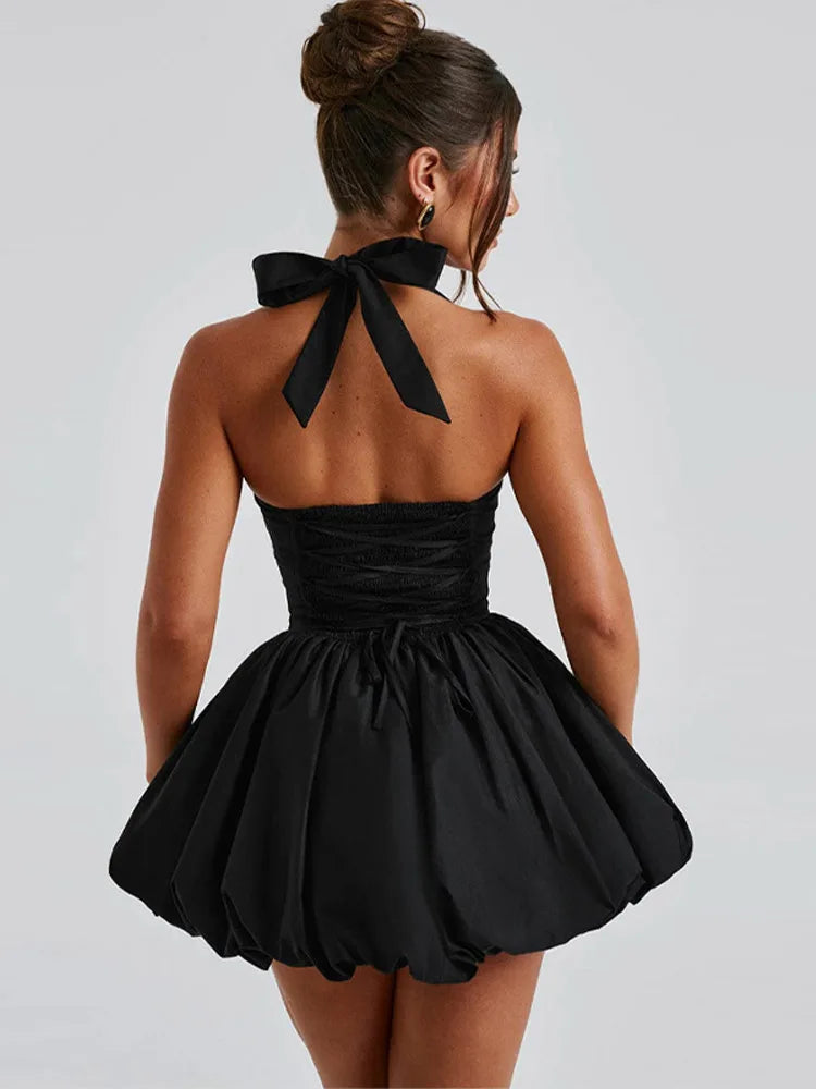 Sexy Halter Pleated Bud Mini Dress Women Sleeveless Tube Top Backless Bandage Solid Party Dresses 2026 Summer Fall Evening Robe