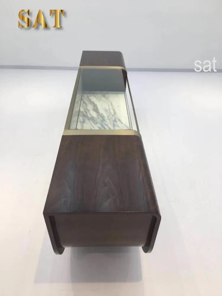 yt-Modern Living Room Walnut Glass Top Stainless Steel Cabinet TV Stand-