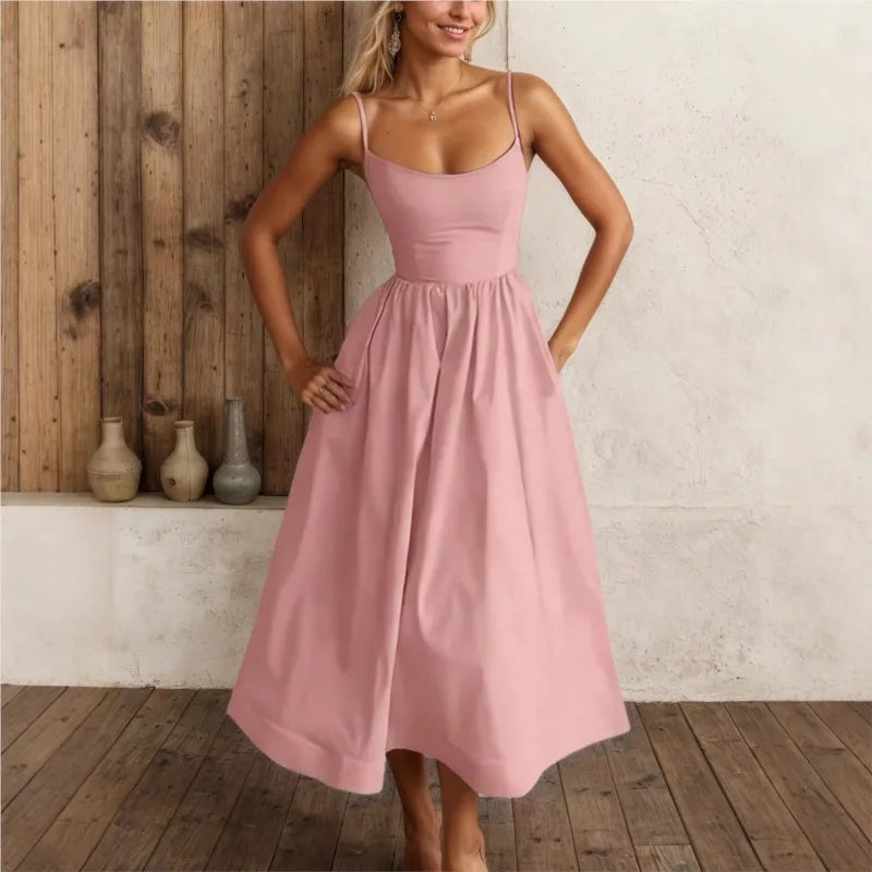 2026 New Summer Women's Dress Solid Color Strap Sexy Retro Bohemian Style Loose Fashion Comfortable Simple Versatile Home Dress