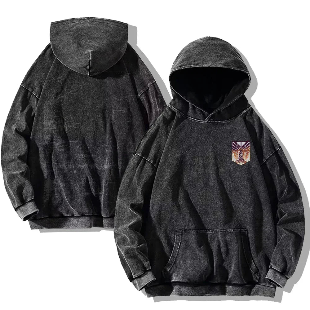 Vintage Washed Men's Hoodies Shield Print Hooded Sweatshirt Hip Hop Streetwear Y2K Hooded Pullover Y2K Loose Casual Tops