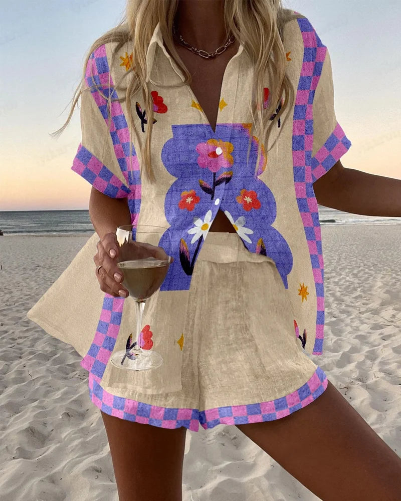 Summer Women's Print Beach Holiday Two-Piece Set Fashion Short Sleeve Buttoned Shirt with Wide Leg Shorts Casual Outfit