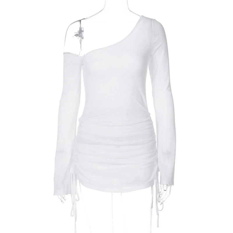 Women's Solid Skew Collar Ruched Straps Lace-Up See through Draw String Mini Dress Summer 2025 Party Clubwear