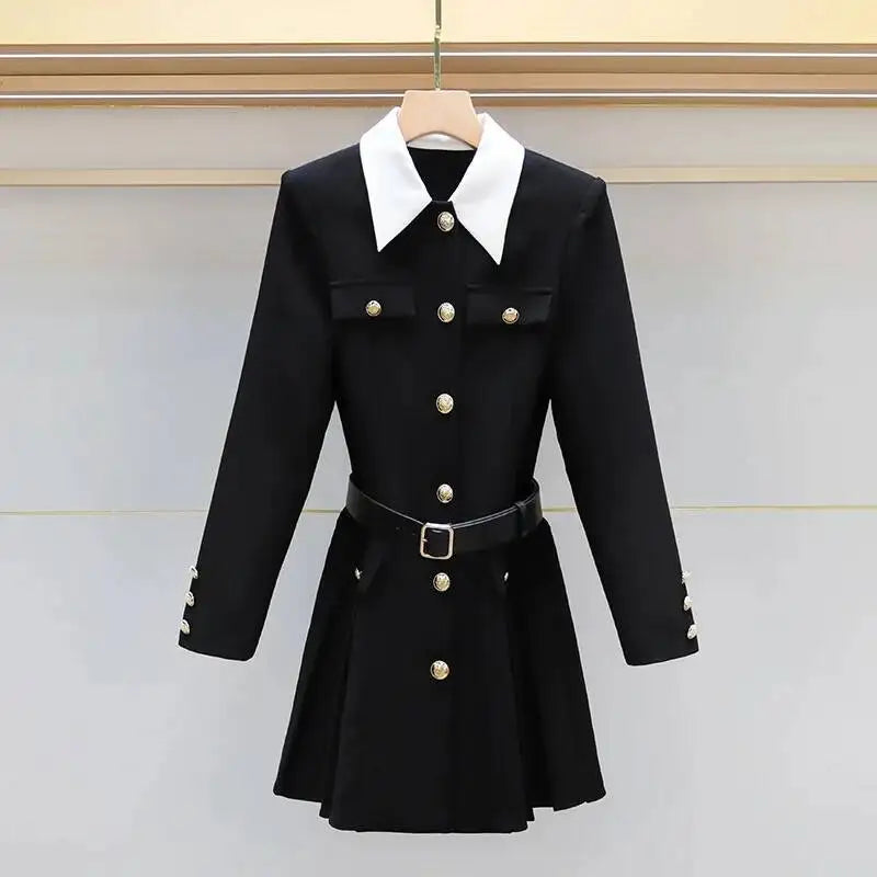 Luxury Quality 2026 Spring Autumn Single Breasted Golden Button Long Full Sleeve Blazer Suit Coat Pleated Short Dresses Women