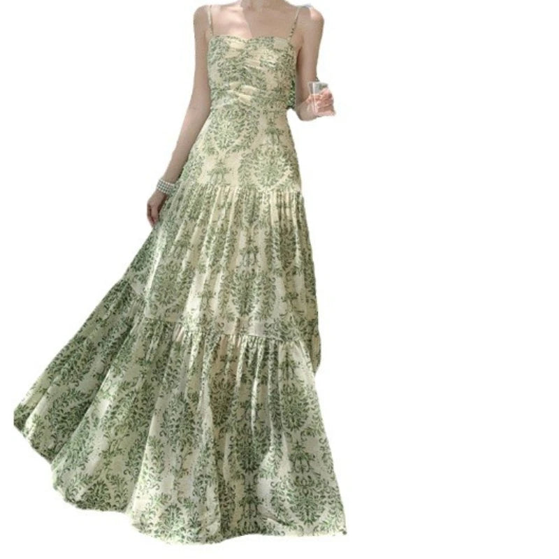 Dress Women Sling Dresses A Line Print Floral Pleated Sleeveless Backless Slim Fit Tight High Waist Long Vestidos Elegant Splice