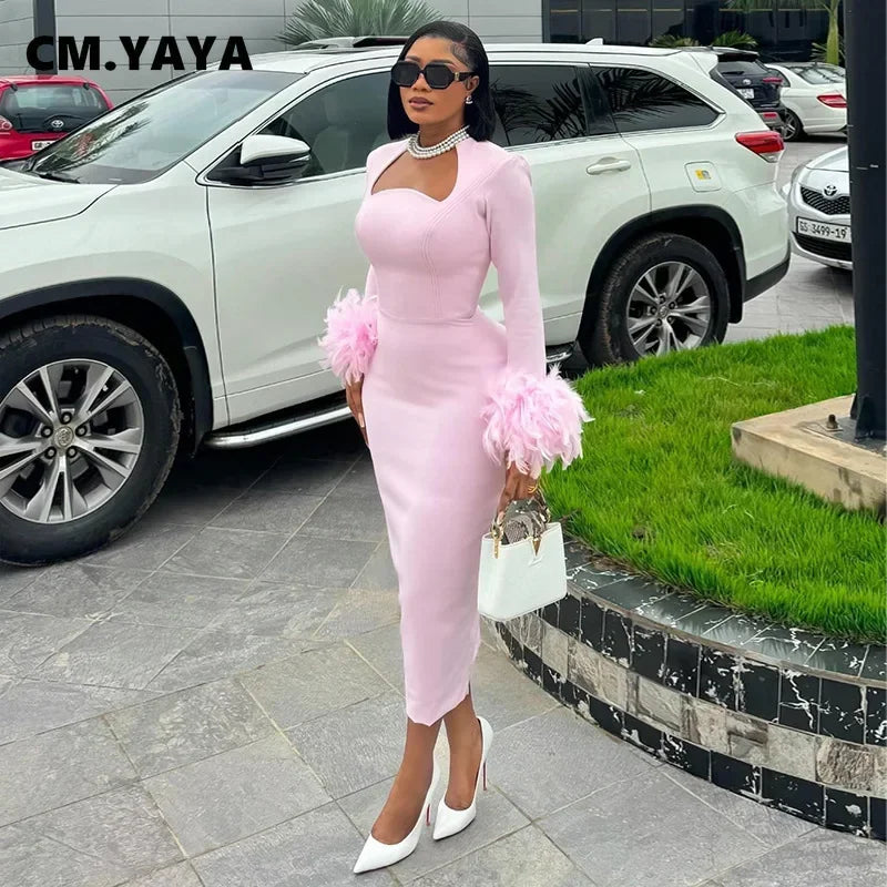 CM.YAYA Women Feather Hem Flare Long Sleeve Bodycon Mid-calf Length Dress 2024 Fall Winter Birthday Vestidos Party Even Dresses