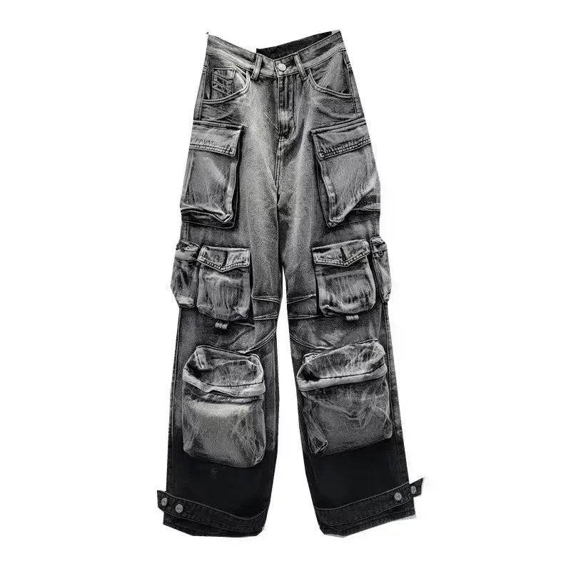 Jeans Women Denim Distressed Multi Pocket Y2k Streetwear Cargo Pants Casual High Waist Zipper Fly Winter Gradient Mom Jeans