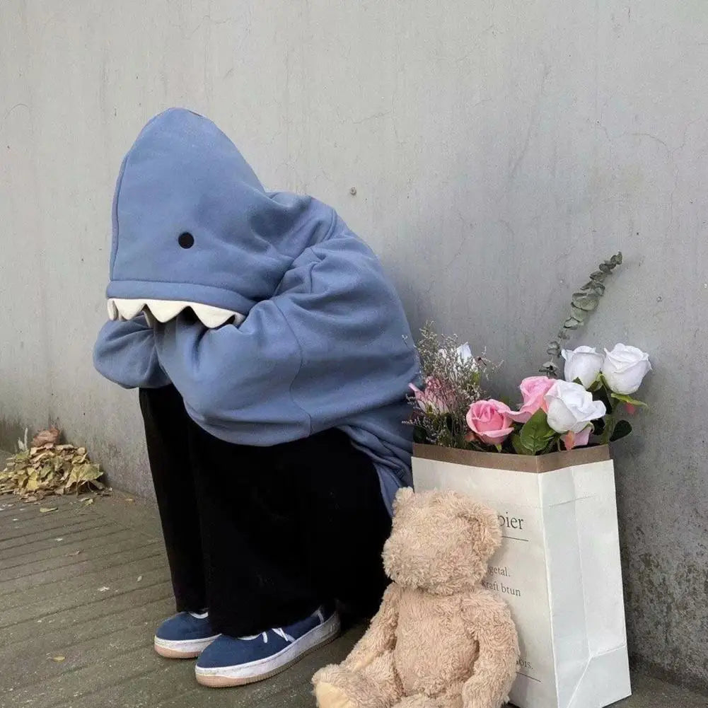 Men Shark Hoodie Winter Pullover Sweater Casual Pocket Long Sleeve Pull Female Solid Hooded Sweaters Trendy Couple's Pullovers