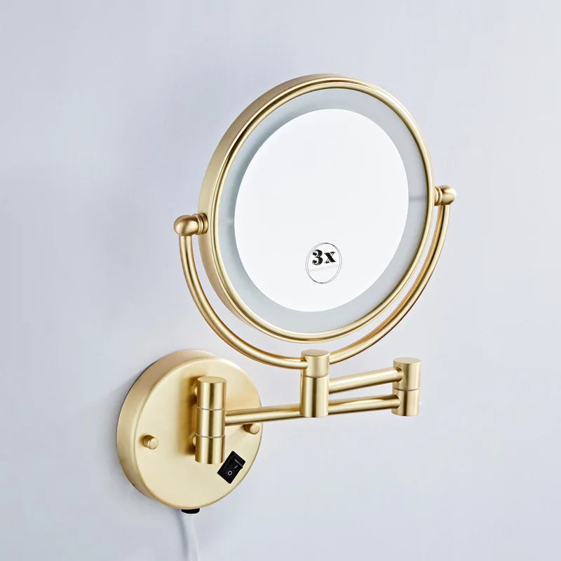 Brushed Gold LED Makeup Mirror with Brass Folding Bathroom Mirrors of 8 Inch 3X 5X Maynifying Makeup Mirror Dual Face LED Mirror