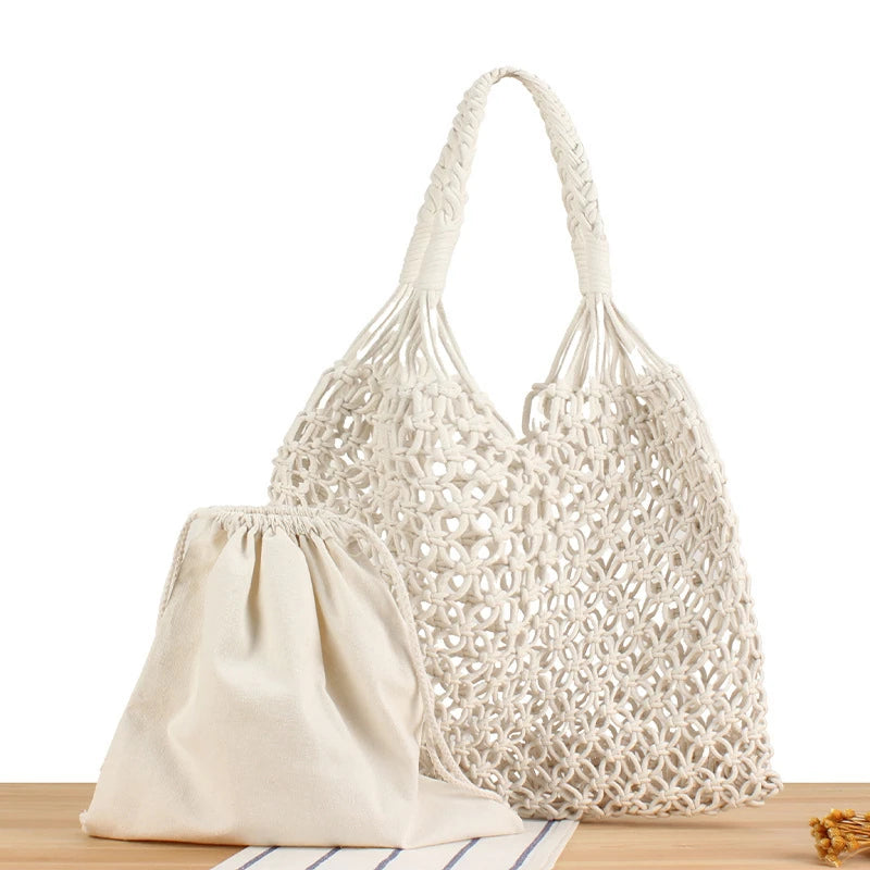 Hollow Crochet Mesh Woven Shoulder Bag With Inner Pocket,Women Solid Color Handbag,Summer Work Beach Vacation Commuting Tote Bag