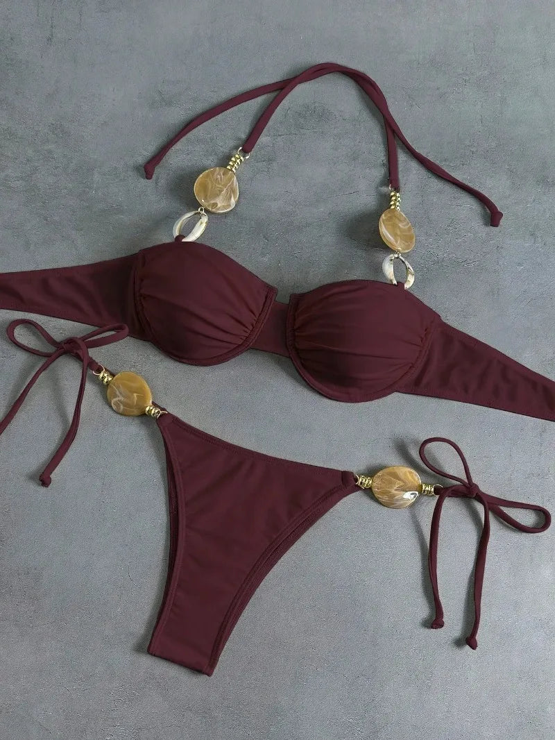 New Women's Sexy Halter Neck Backless Bikini Set Two-Piece Swimwear Solid Color Euro American Style Summer Beach Fashion