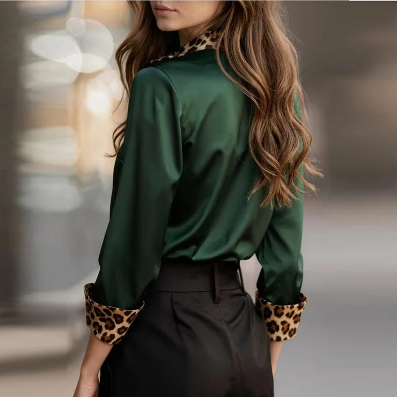 Fashion Women Long Sleeve Silk Shirt Black Turn Down Collar Button Blouse Women Office Tops Mesh See Through Sleeve Satin Shirt