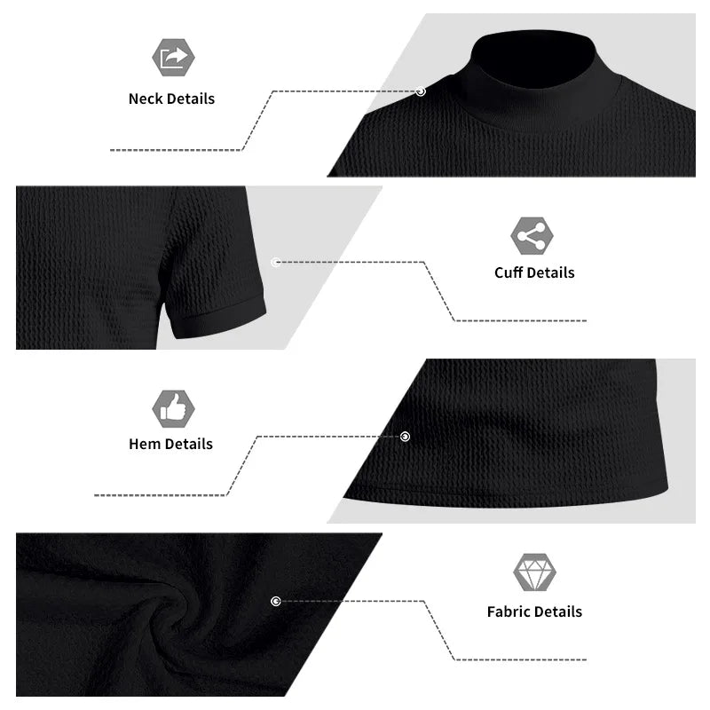 Men Summer Solid Jacquard Textured Mock Neck Short Sleeve T Shirt Slim Fit Simple Versatile Casual Daily Male Basic Tees