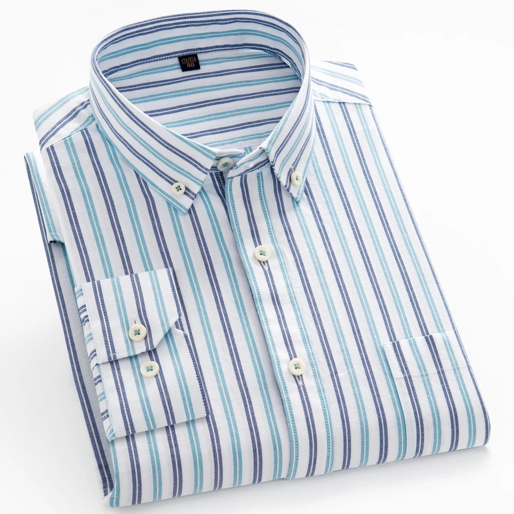 Men's 100% Cotton Breathable Oxford Fabric Dress Shirt, Plaid Striped Casual Long Sleeve, Button-Up with Collar and Chest Pocket