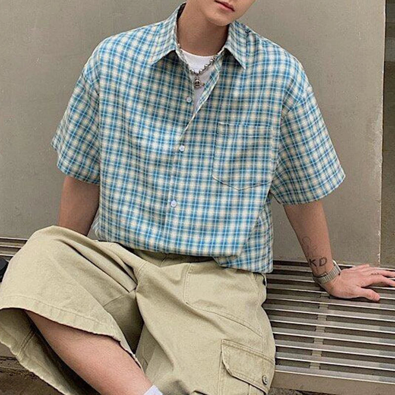 2025 Summer Stylish Short Sleeve Shirt Men's Streetwear Vintage Button-up Turn-down Collar Shirts Trendy Men Plaid Printed Shirt