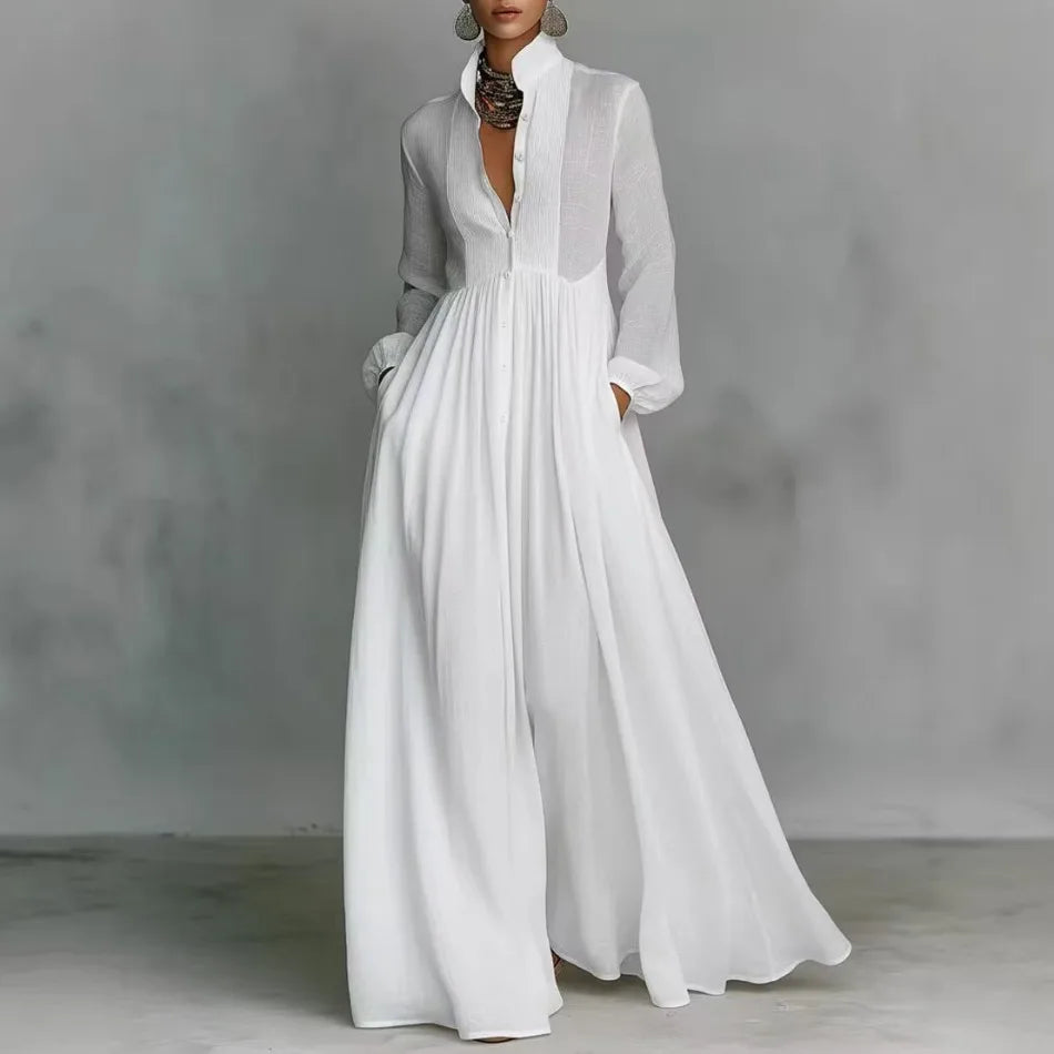 Elegant High Waist Swing Long Dress Woman Spring Solid Pockets Pleated Maxi Dress Spring Autumn Long Sleeve Button Evening Dress