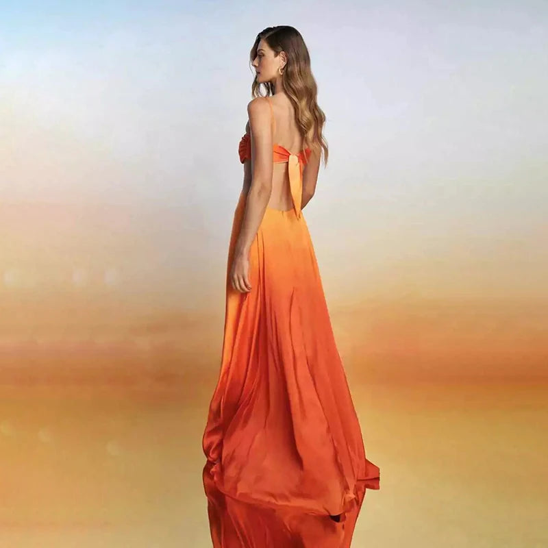 Charming Gradient Hollow out Suspender Dress Backless Irregular Long Holiday Style for Women Sweet Party Boho Beach Robe