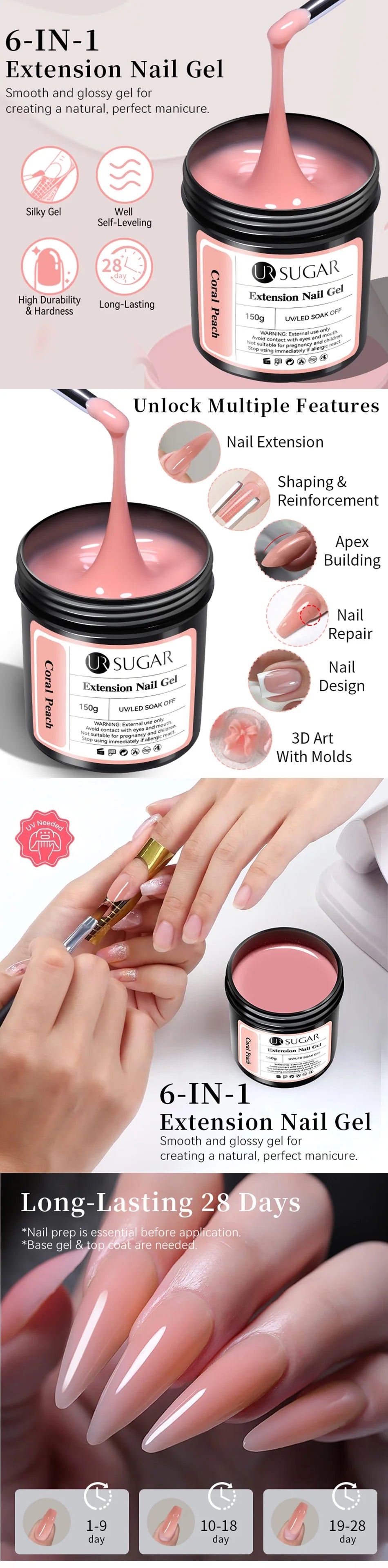 UR SUGAR 150g Soft Pink Quick Builder Nail Gel 6 IN 1 Acrygel For Nails Extension Constuction Self Leveling Soak Off UV LED Gel