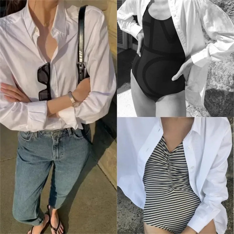 TT@-LUXURY White Shirt Women's 2025 Spring/Summer Outside Wear Loose Lazy Design Sense Niche Versatile Cotton Top Office Lady