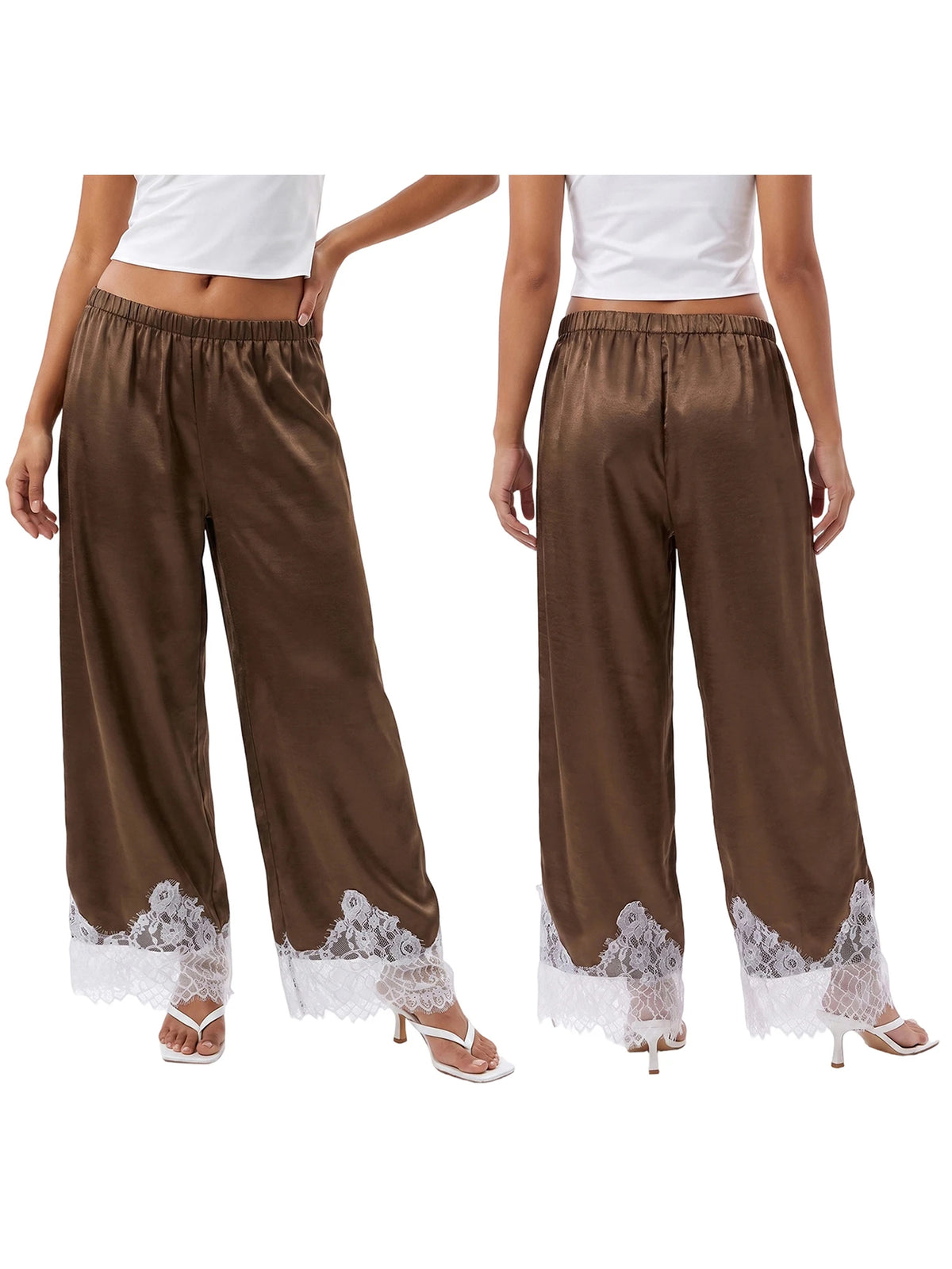 Lace Trim Wide Leg Pants for Women Casual Loose Stain Elastic Waist Trousers 90s Streetwear Y2K Coquette Bottoms