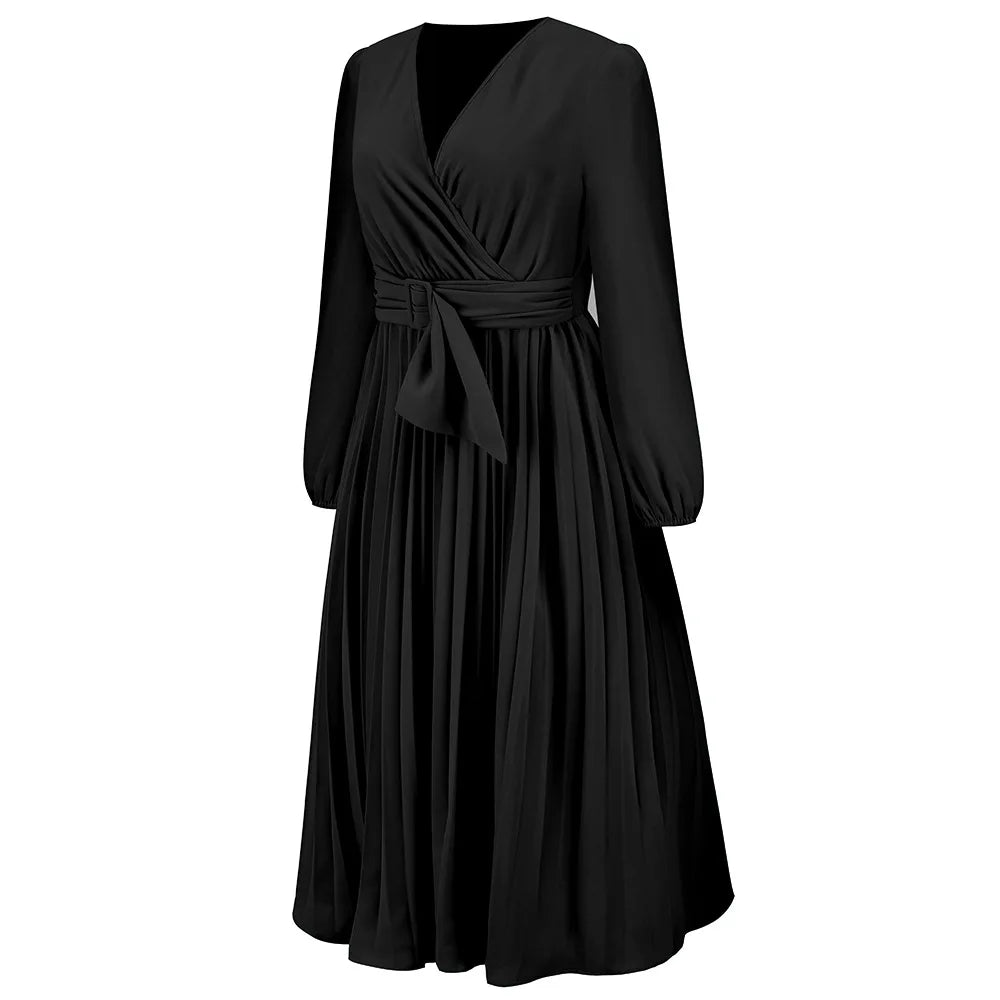 Elegant Women's Green Chiffon Autumn/Winter Long Sleeve Slim Fit Pleated Dress Fashion Women's V-neck Belt Party Dresses S-2XL