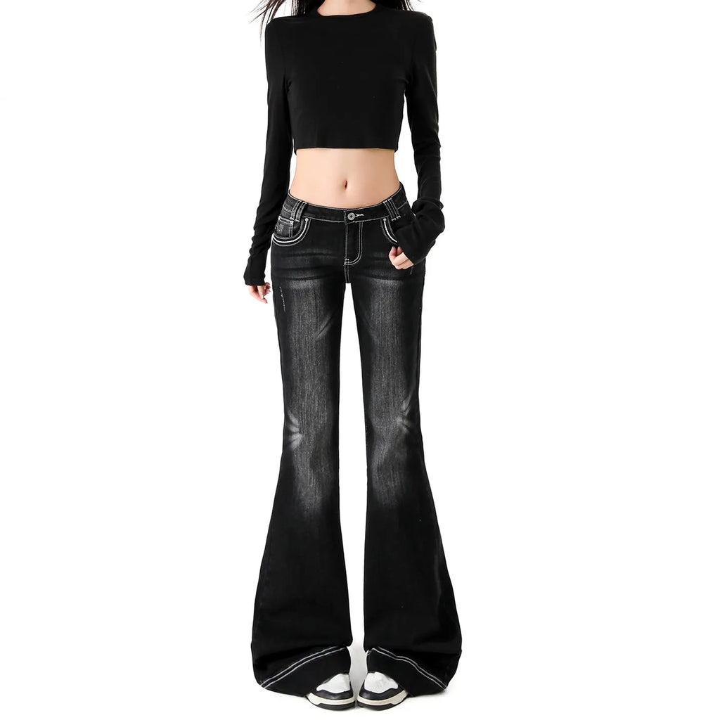 Women Low Rise Flare Jeans Vintage Black Washed Denim Pants Y2K Slim Bell Bottom Trousers Fashion Streetwear Casual Long Pants