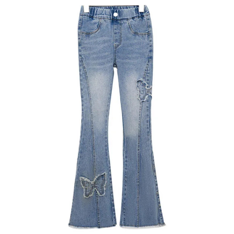 Fashion Jeans for Girls with Butterfly New Arrvial Kids Vintage Tight Denim Flare Pants 2024 Spring Autumn Teenage Slim Trousers