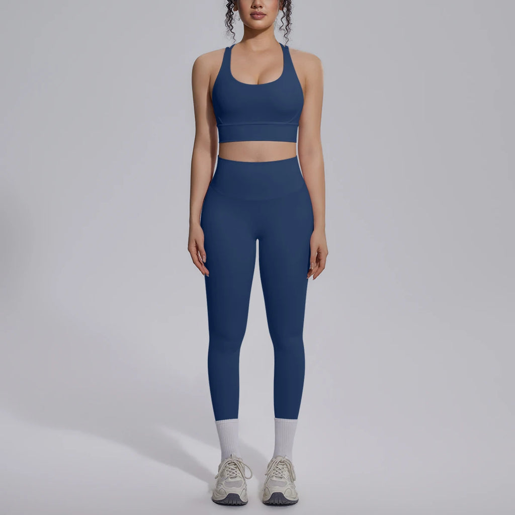 2PCS Yoga Set Summer Gym Sports Running Yoga Clothing Solid Color Cross Bra Workout Top High Waisted Quick Drying Fitness Pants