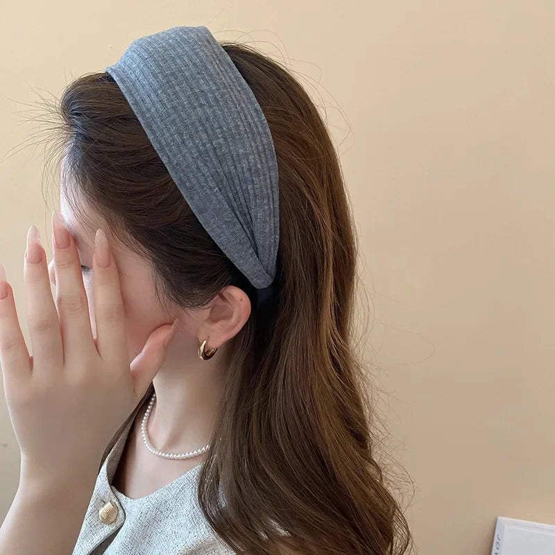 Solid Color Wide Edge Striped Yarn Headband High Head French Gentle Hair Accessory Popular Internet Celebrity Style