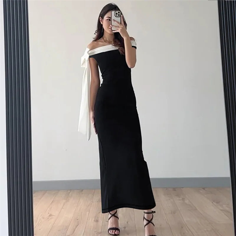 Tuularose Summer Bandage Long Dress Women's Elegant One Shoulder Bow Tie Slim Evening Dress Sexy Patchwork Party Dress Y2k 2025