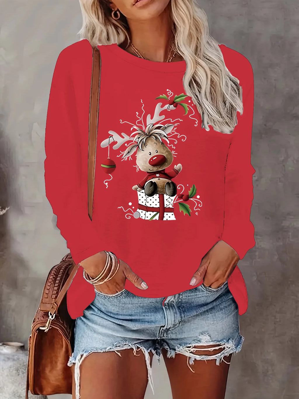 Women's Spring and Autumn 100% Cotton Fashion Casual Loose Christmas Deer Pattern Printed Round Neck Long Sleeve T-shirt Top