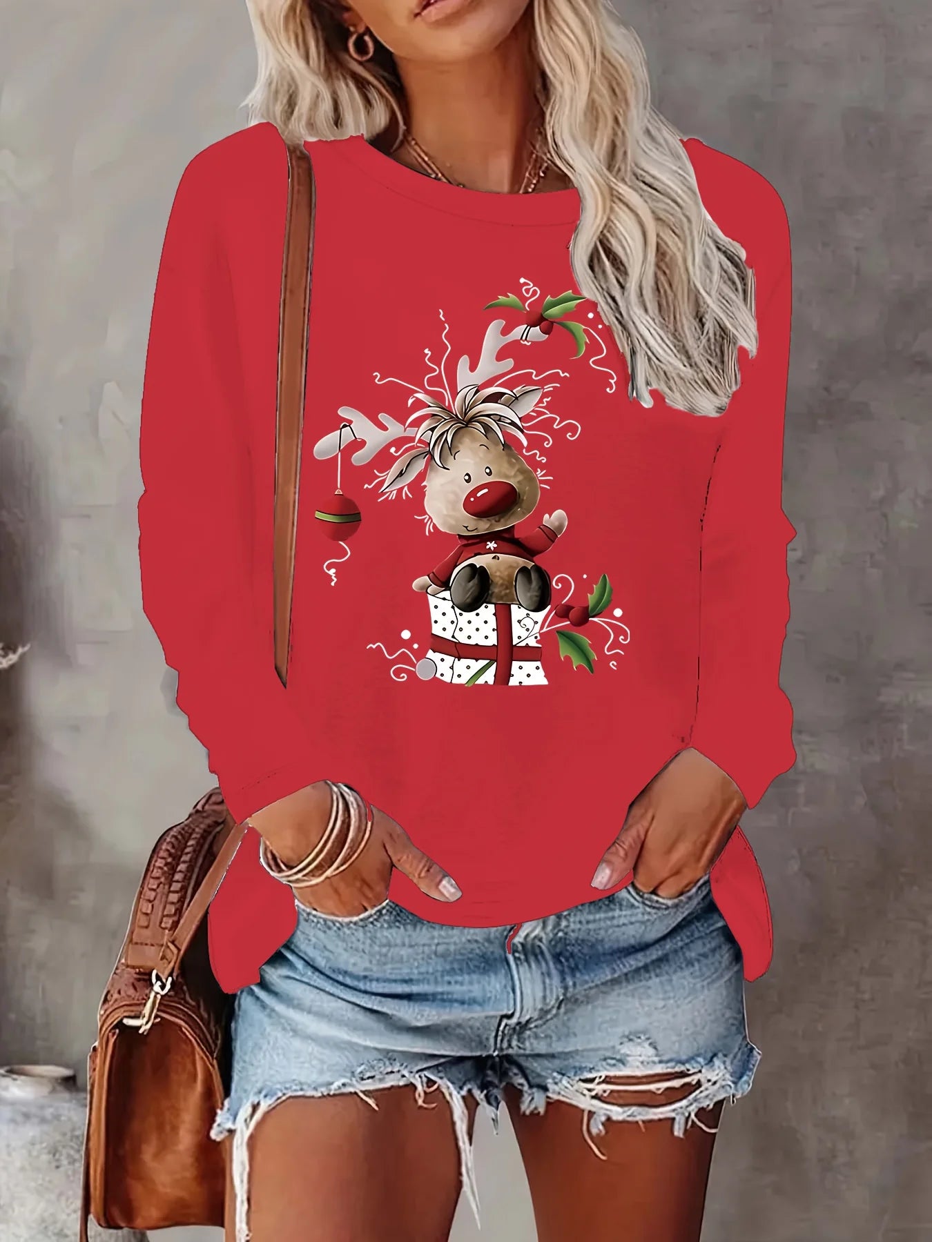 Women's Spring and Autumn 100% Cotton Fashion Casual Loose Christmas Deer Pattern Printed Round Neck Long Sleeve T-shirt Top