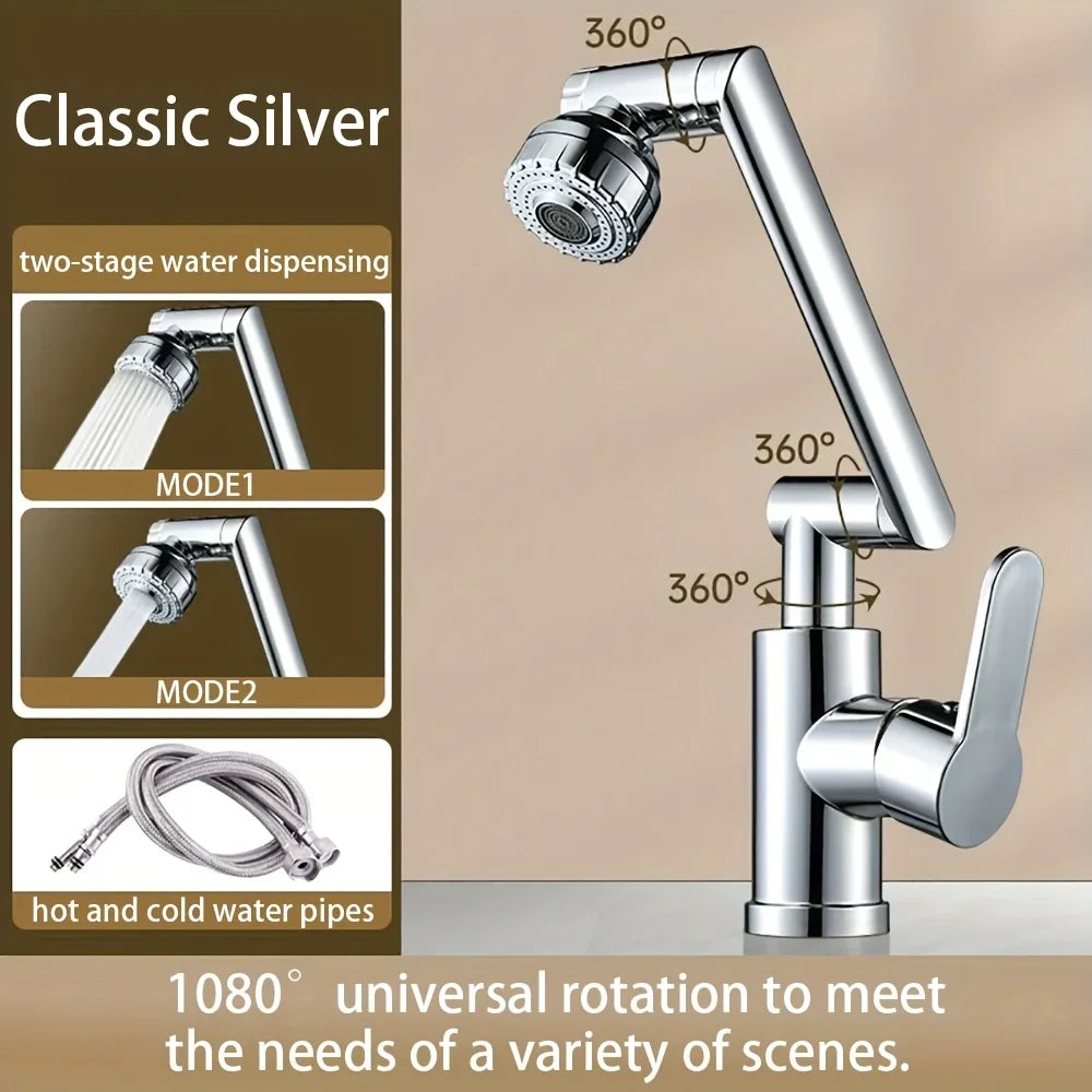 304 Stainless Steel 360° Swivel High Arc Splash Proof Single Hole Mount Bathroom Sink WaterSaving Kitchen Faucet 2 Spray Modes,