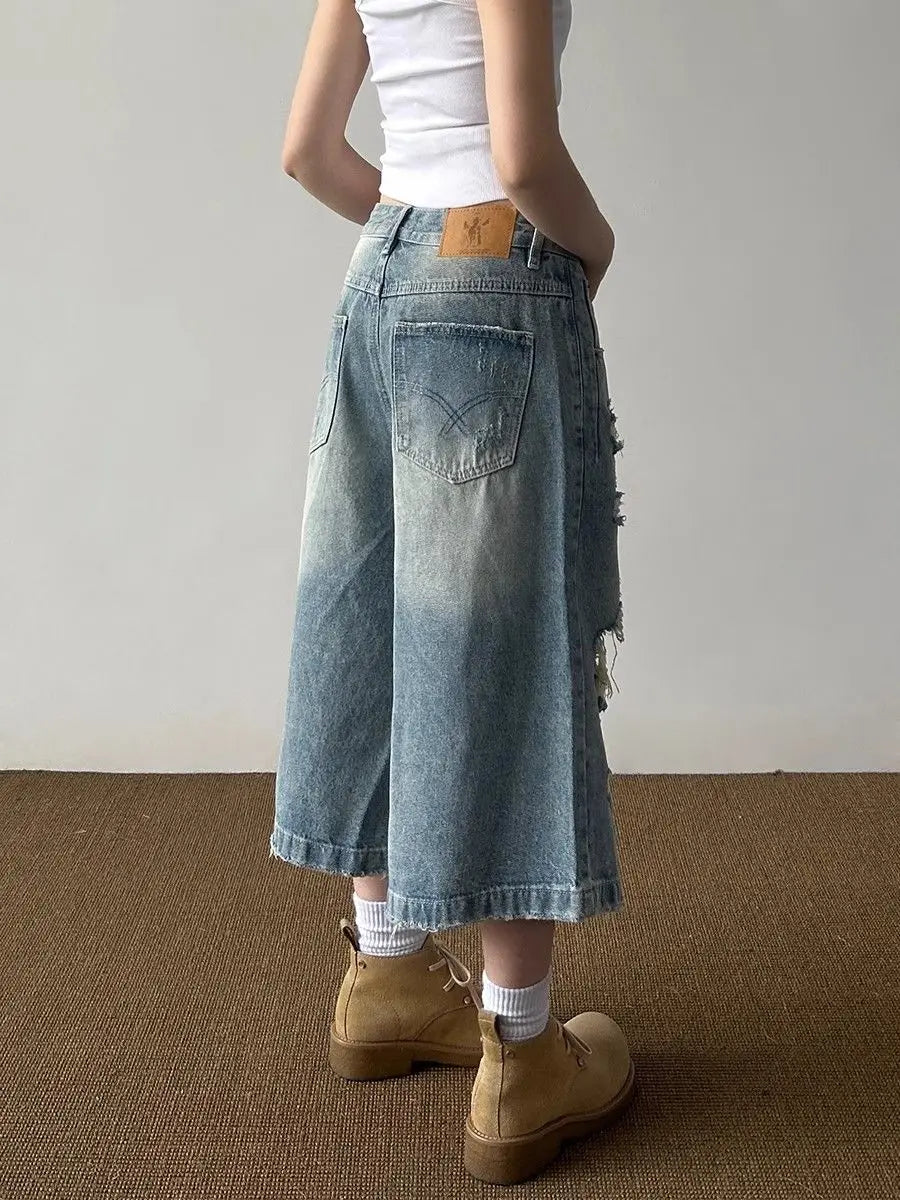 Vintage High Street Ripped Denim Seven-point Jeans Women's Summer Loose Drape Straight Wide-leg Pants