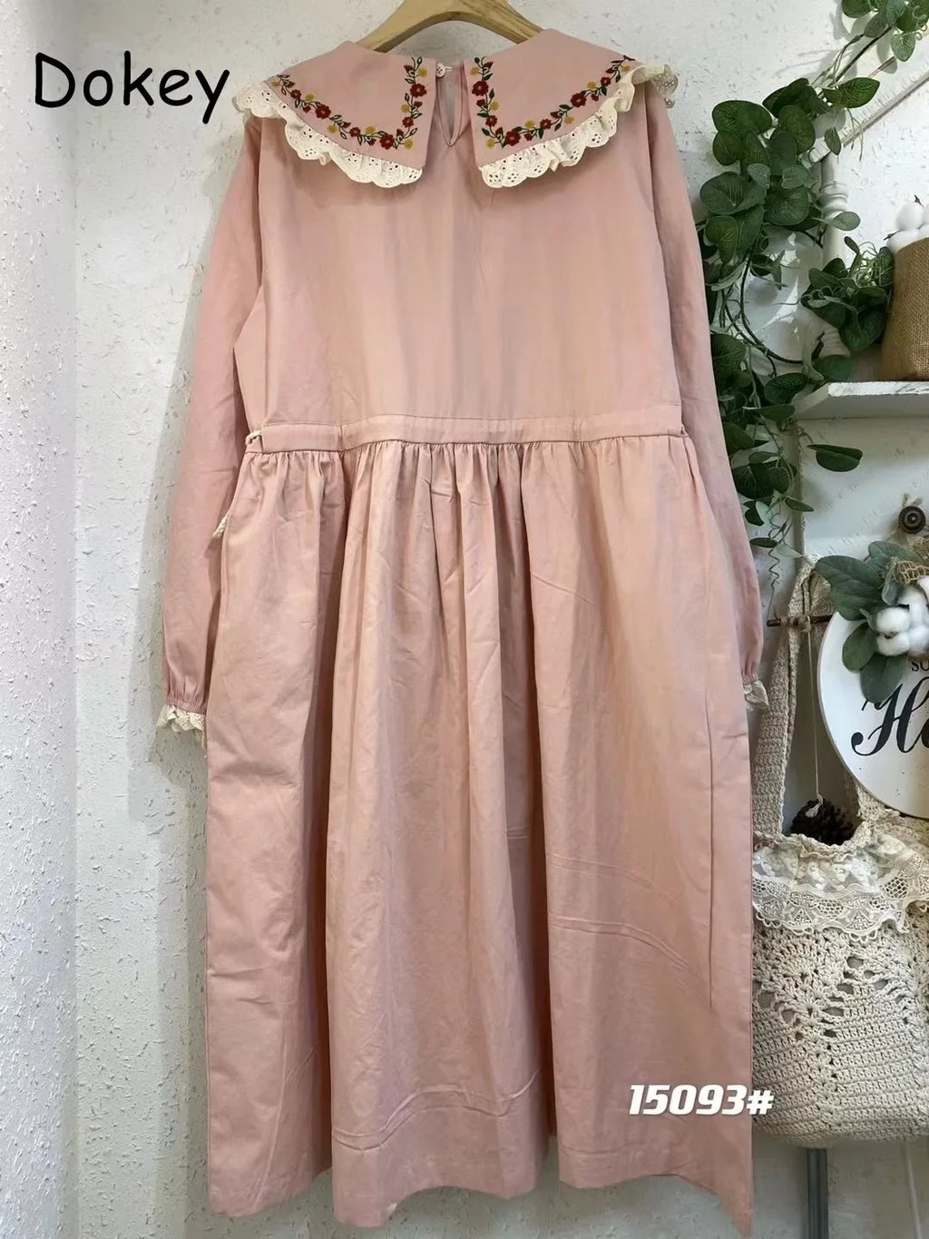 Mori Girl Floral Embroidery Cotton Linen Dress for Women, Autumn Lace, Peter Pan Collar, Kawaii Dress, Casual Long Sleeve Sundre
