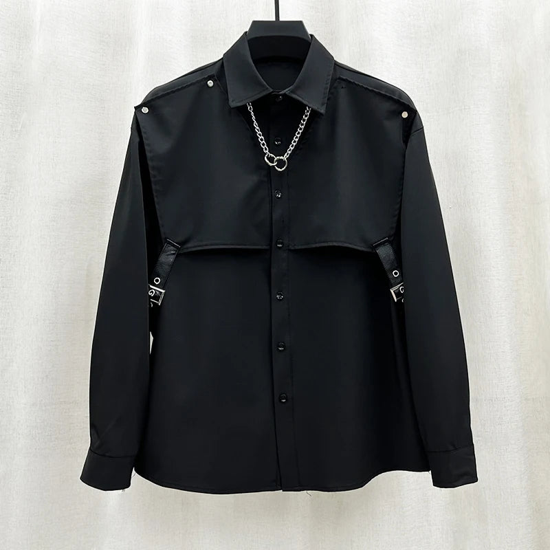 2024 Spring New Trendy Male Loose Handsome Shirts Men's Long Sleeve Solid Color Single Row Multi-Buckle Shirt Trendy Male Shirts