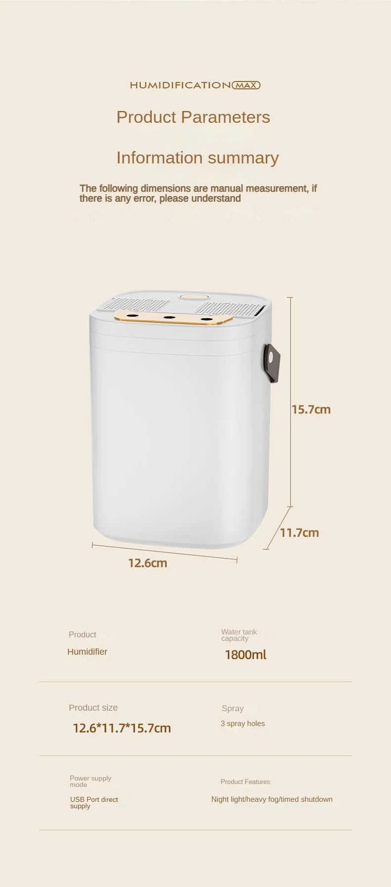 1.8L Large Capacity USB Three Nozzle Humidifier Household Air Humidifier with Aromatherapy Diffuser LED Night Light Spray Functi